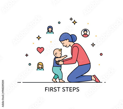 First steps parental guidance scene where a parent kneels to support a baby?s steps while small sparkle and heart icons emphasize trust, nurturing, and