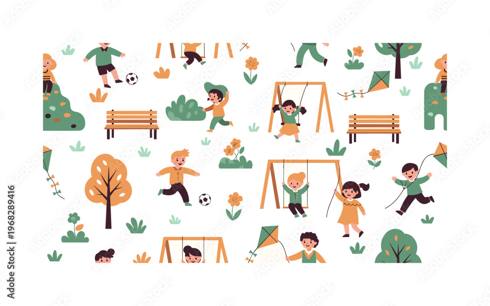 Fototapeta premium playful park patterns seamless pattern, repeating pattern, surface design, textile print, modern illustration of children playing soccer, climbing, running,