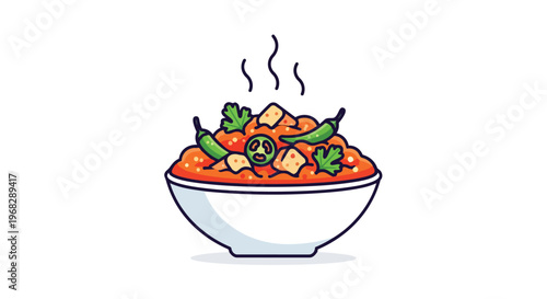 Vibrant depiction of a steaming bowl of flavorful Indian cuisine, garnished with fresh cilantro and spicy green chilies, inviting and appetizing
