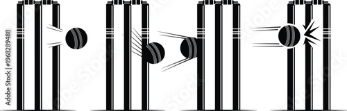 Cricket wicket illustration set, sports ball artwork design, motion vector motif, bold graphic icon, black white competition symbol