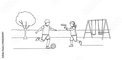 Fun in the Yard. Minimalistic one-line drawing siblings playing outside with toys, continuous single black line on white background, simple outline style, no
