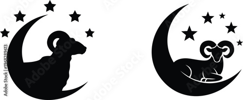 Eid al-Adha sacrifice concept with ram silhouette and crescent moon.