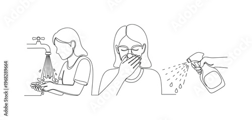 Hygiene Practices. Minimalistic one-line drawing washing hands, covering sneezes, and disinfecting surfaces, continuous single black line on white background,