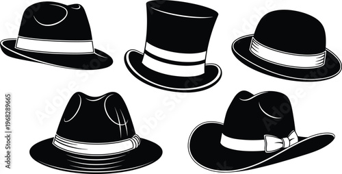 Hat illustration set, fashion accessory artwork design, apparel vector motif, bold graphic icon, black white style symbol