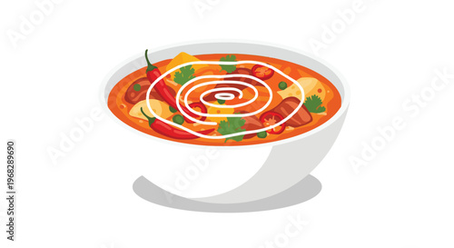 Vibrant illustration of a steaming bowl of rich curry adorned with chili peppers and fresh herbs, showcasing a delectable culinary creation