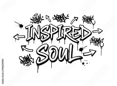 Inspired Soul. lettering and all elements in black. Vector style. AWhite background. Pure white background. Perfect isolation and visual consistency. Funky