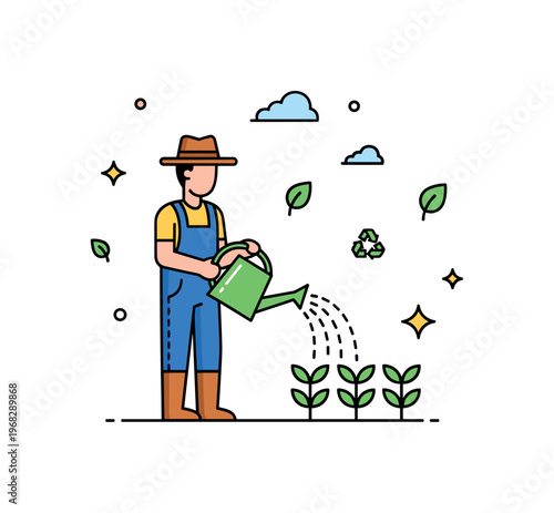 Farmer watering crops concept where a farmer uses a watering can or irrigation while tiny sparkle and leaf icons highlight nurture, growth, and sustainability.