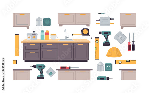 kitchen upgrade seamless pattern, repeating pattern, surface design, textile print, modern illustration of countertops, cabinets, drills, measuring tapes,