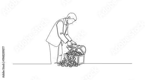 Treasure Discovery. Minimalistic one-line drawing person opening chest with coins and gems inside, continuous single black line on white background, simple