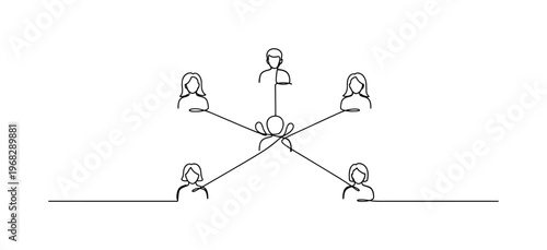 Open Idea Network. Minimalistic one-line drawing connected individuals with lines leading to central concept, continuous single black line on white background,