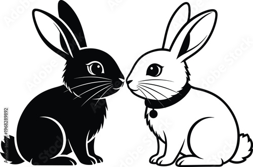 Rabbit duality illustration set, wildlife animal artwork design, contrast vector motif, bold graphic icon, black white balance symbol