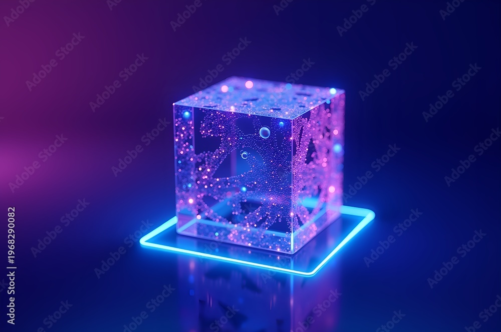 Fototapeta premium Glowing Cube of Data Points on a Neon Platform