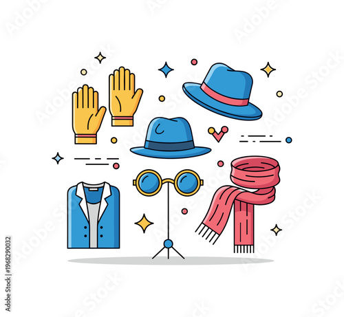 Stage props costume accessory scene where hats, gloves, and scarves are arranged while small sparkle and line icons highlight style, theatrical detail, and