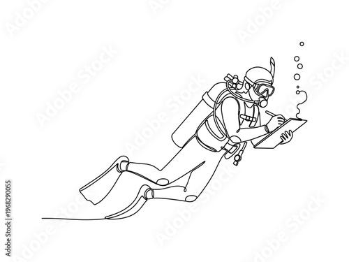 Scuba Research. Minimalistic one-line drawing diver taking notes underwater on clipboard, continuous single black line on white background, simple outline
