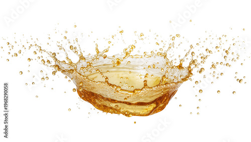 Foto Golden liquid splash erupting upwards with numerous tiny droplets, isolated on t