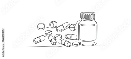 Medicine Illustration. Minimalistic one-line drawing tablets and capsules scattered near bottle, continuous single black line on white background, simple