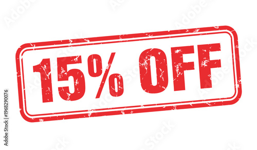 Bold red stamp with '15 off' text indicating a discount or promotional offer