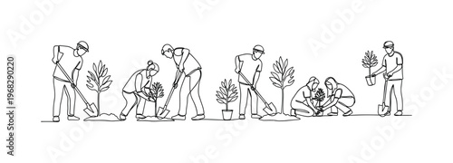 Tree Planting Event. Minimalistic one-line drawing people digging holes and planting young trees together, continuous single black line on white background,