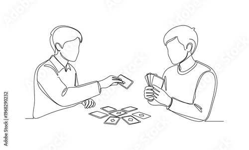 Card Game Interaction. Minimalistic one-line drawing players exchanging cards and playing, continuous single black line on white background, simple outline