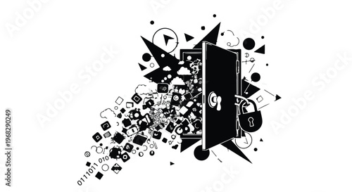 Black and white chaotic social media symbols exploding