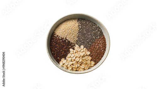 Tableau sur toile Ceramic bowl filled with diverse grains including quinoa flaxseed and oats, isol
