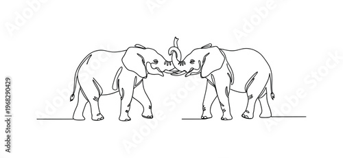 Playful Elephant Calves. Minimalistic one-line drawing two young elephants touching trunks while walking, continuous single black line on white background,