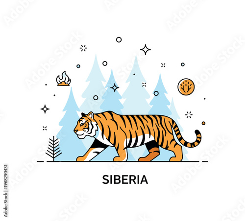 Siberia wildlife concept where a Siberian tiger prowls the snowy forest while tiny sparkle and star icons highlight strength, nature, and resilience. The