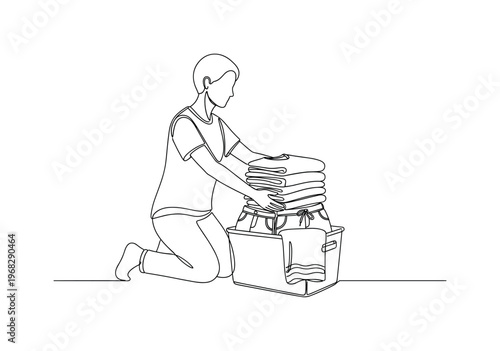 Storing Summer Wardrobe. Minimalistic one-line drawing person stacking folded summer garments into storage bin, continuous single black line on white