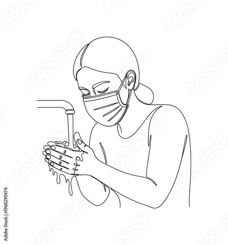 Hygiene and Safety. Minimalistic one-line drawing person washing hands and wearing protective mask, continuous single black line on white background, simple