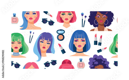 vivid makeup icons seamless pattern, repeating pattern, surface design, textile print, modern illustration of models, bold makeup, colorful hair, outfits,