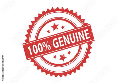A vibrant red '100 genuine' stamp or seal with star accents isolated on white