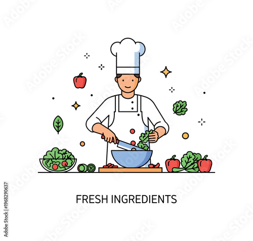 Fresh ingredients salad preparation concept where a chef chops vegetables and mixes them in a bowl while tiny sparkle and star icons highlight freshness,