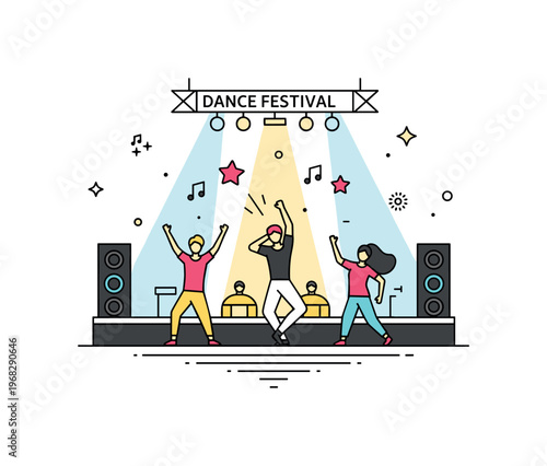 Dance festival nighttime parade concept where dancers perform with illuminated costumes while small sparkle and star icons emphasize spectacle, motion, and