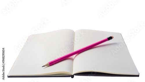Bild auf Leinwand Open blank notebook with crisp empty pages displaying a vibrant magenta pencil d