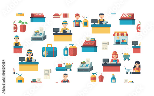 retail service icons seamless pattern, repeating pattern, surface design, textile print, modern illustration of cashiers, counters, products, registers,