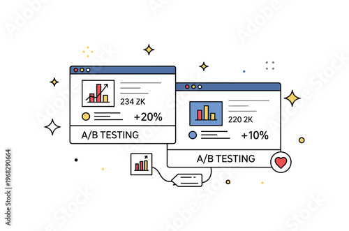 A/B testing chart user interface experiment scene where two screen designs are displayed with metrics while tiny sparkle and star icons highlight observation,