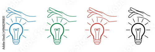 Light bulb in cupped hands illustration vector collection in different colors, symbol of ideas, creativity, and innovation