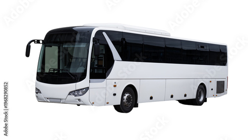 Sleek modern passenger coach bus with large windows and black accents, isolated on transparent background for transportation graphics