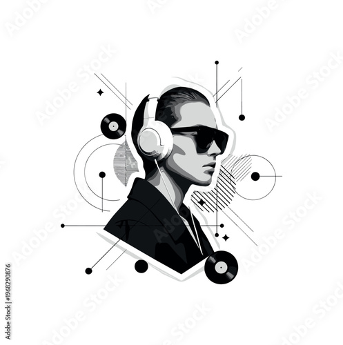 headphones and fashion circular shapes thin lines and abstract vinyl icons realistic monochrome individual showcasing fashion accessories while wearing