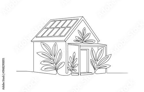 Sustainable Home. Minimalistic one-line drawing energy-efficient house with solar roof and plants, continuous single black line on white background, simple
