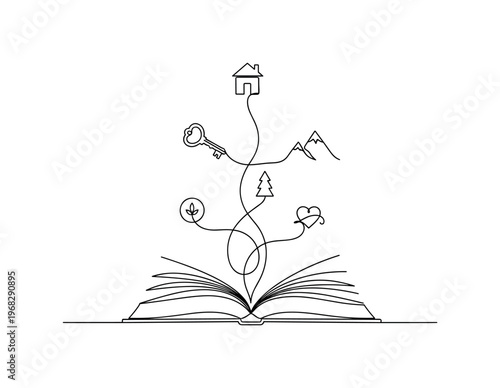 Narrative Symbols. Minimalistic one-line drawing icons and lines emerging from open book, continuous single black line on white background, simple outline