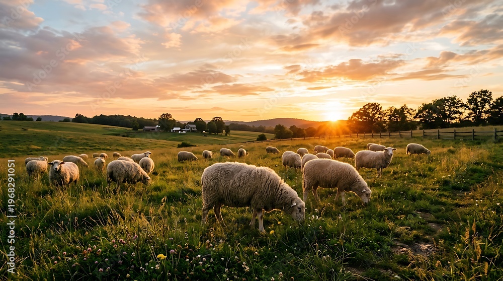 Obraz premium Herd of sheep grazing in a field during a golden sunset