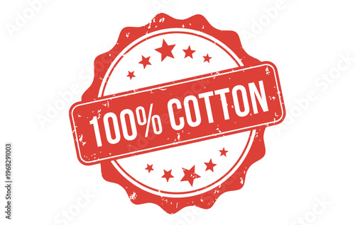 Vibrant red circular stamp declares '100 cotton' with star accents textile industry symbol