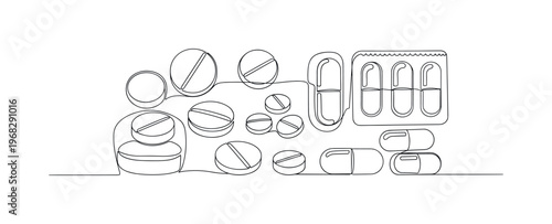 Drug Tablets. Minimalistic one-line drawing round and oval tablets placed beside capsule containers, continuous single black line on white background, simple