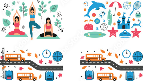 Flat Lifestyle and Activity Illustration Set with Yoga, School Bus, Autumn Travel and Summer Beach Elements for Seasonal and Wellness Vector Design