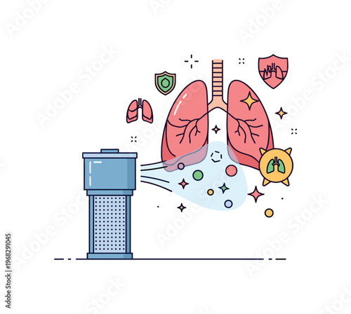 Lungs breathing air pollution awareness scene where lungs intake filtered air while small sparkle and star icons highlight protection, clean breathing, and