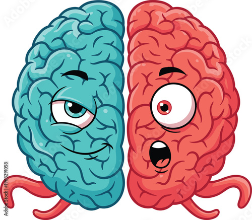 Split brain cartoon character, left and right hemisphere concept, creative and logical thinking illustration, funny mind mascot, psychology, colorful design