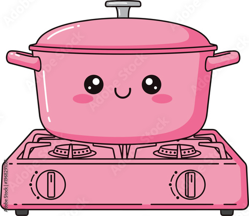 Cute cooking pot cartoon on stove, kawaii kitchen illustration, smiling cookware character, food preparation concept, playful design, pastel style, home cooking