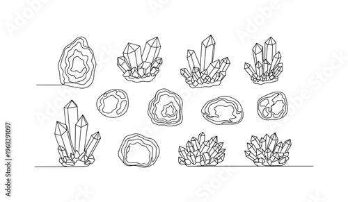 Mineral Samples. Minimalistic one-line drawing variety of stones and crystals in a display, continuous single black line on white background, simple outline