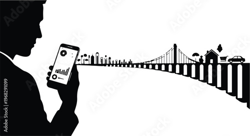 man using smartphone on bridge cityscape silhouette